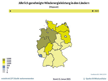 Kartenansicht: Jährlich genehmigte Windenergieleistung in den Bundesländern