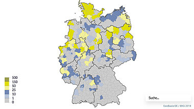 Kartenansicht Jährlich installierte Windenergieleistung in den Landkreisen