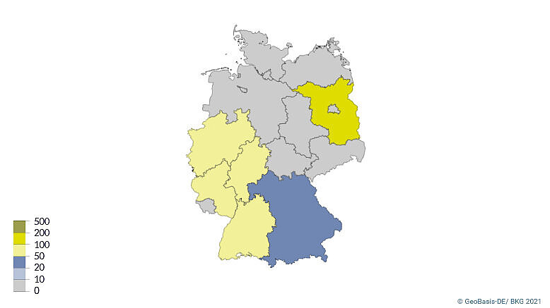 Deutschlandkarte: Jährlich installierte Windenergieleistung auf Forstflächen in den Ländern